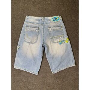 Miskeen Denim Cargo Shorts Light Wash Mens 38 Baggy Y2K Embroidered 90s Skater